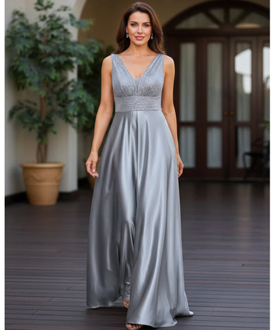 Comprar vestido festa longo paetês cetim decote V bolsos para casamento formatura madrinha barato em promoção LADY DRESS