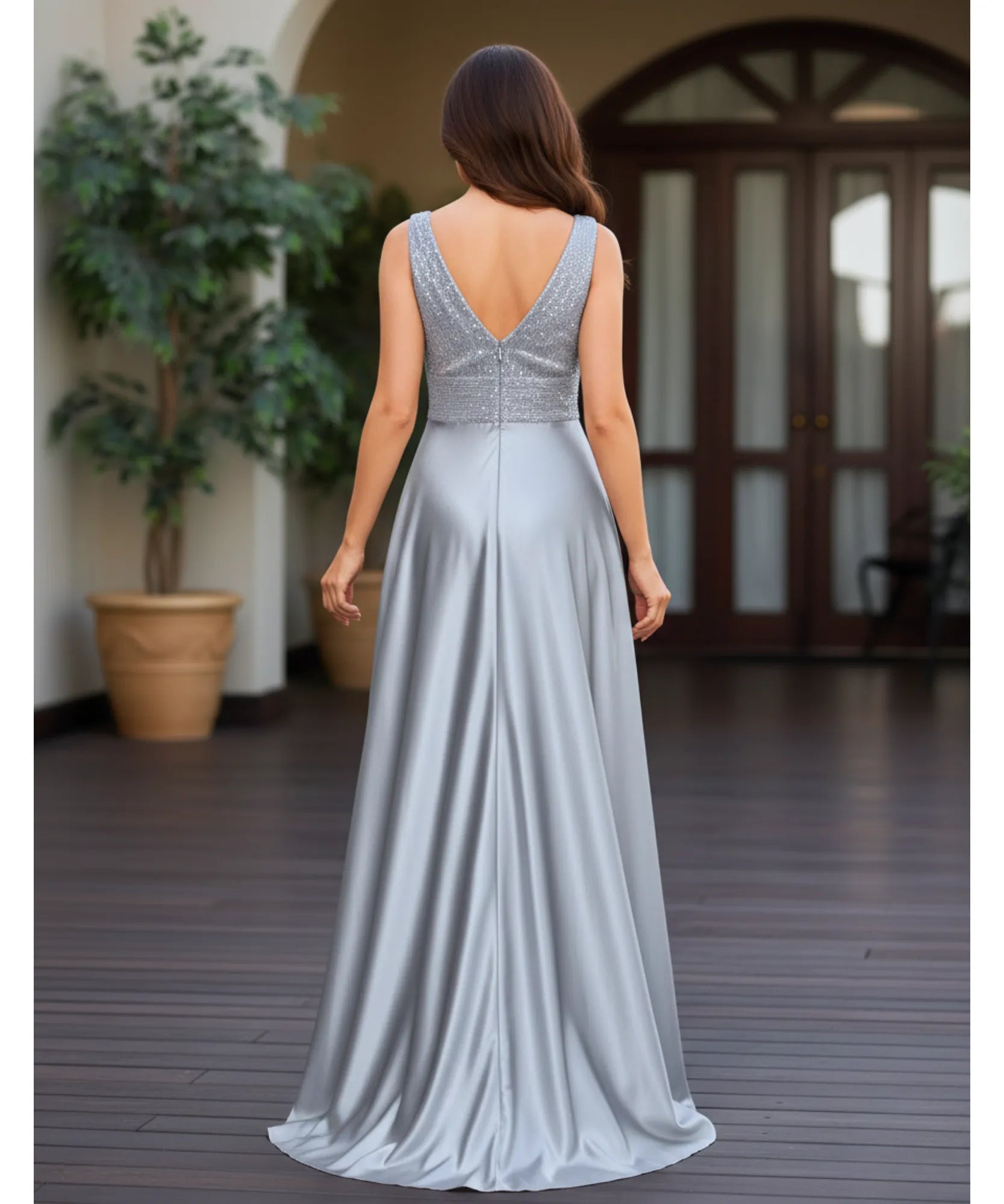 Comprar vestido festa longo paetês cetim decote V bolsos para casamento formatura madrinha barato em promoção LADY DRESS
