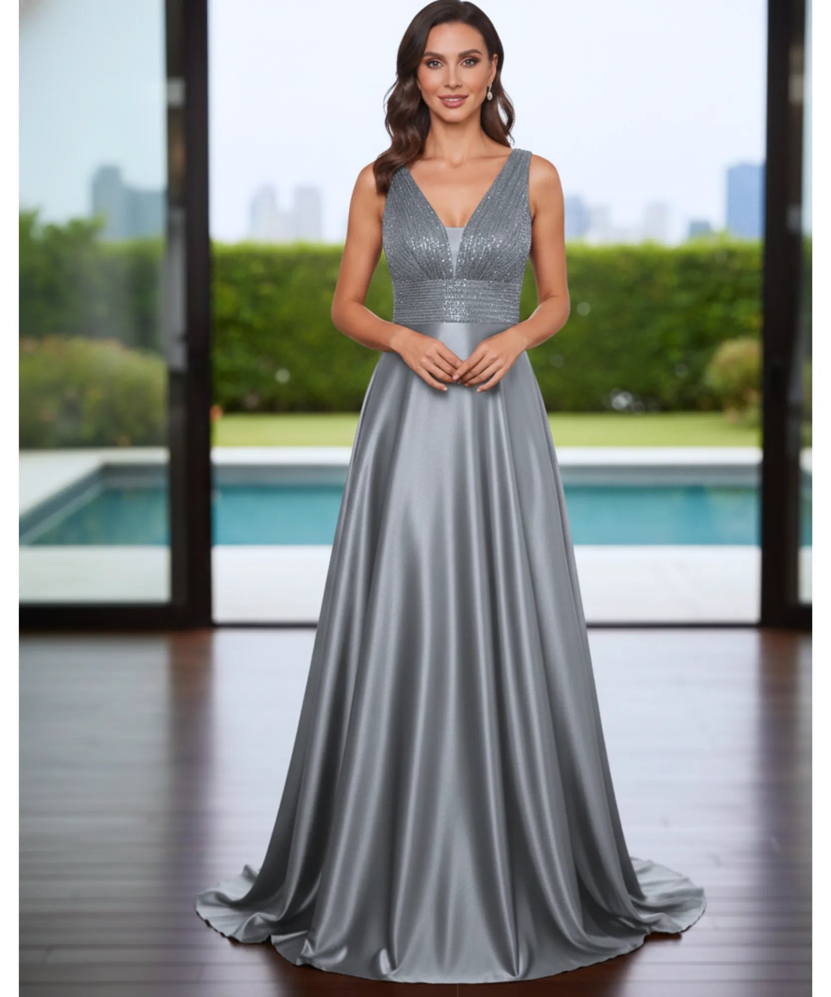 Comprar vestido festa longo paetês cetim decote V bolsos para casamento formatura madrinha barato em promoção LADY DRESS