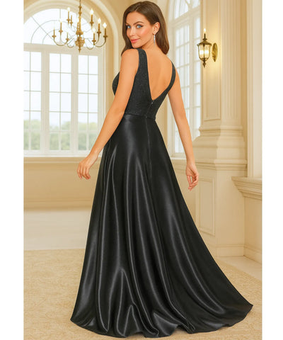 Vestido Festa Longo Paetês Cetim Decote V Elegante Madrinha | Kalil