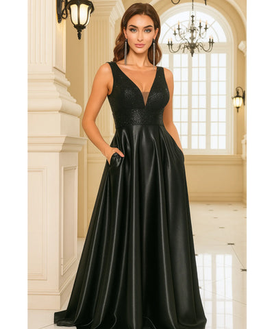 Comprar vestido festa longo paetês cetim preto decote V bolsos para casamento formatura madrinha barato em promoção LADY DRESS
