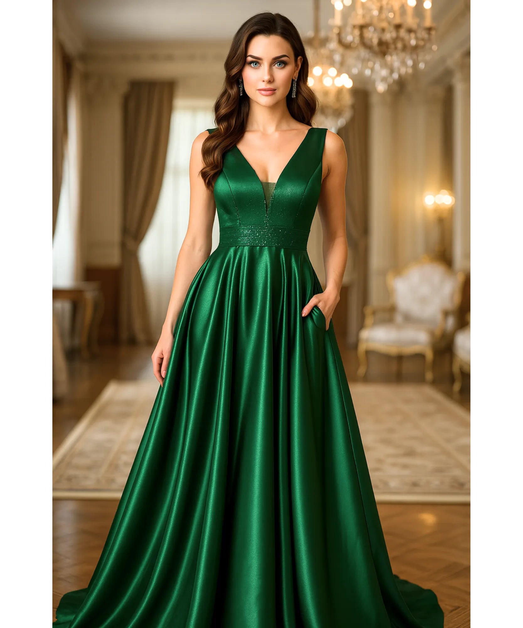 Comprar vestido festa longo paetês cetim verde decote V bolsos para casamento formatura madrinha barato em promoção LADY DRESS
