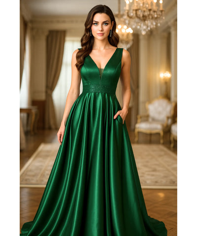 Comprar vestido festa longo paetês cetim verde decote V bolsos para casamento formatura madrinha barato em promoção LADY DRESS
