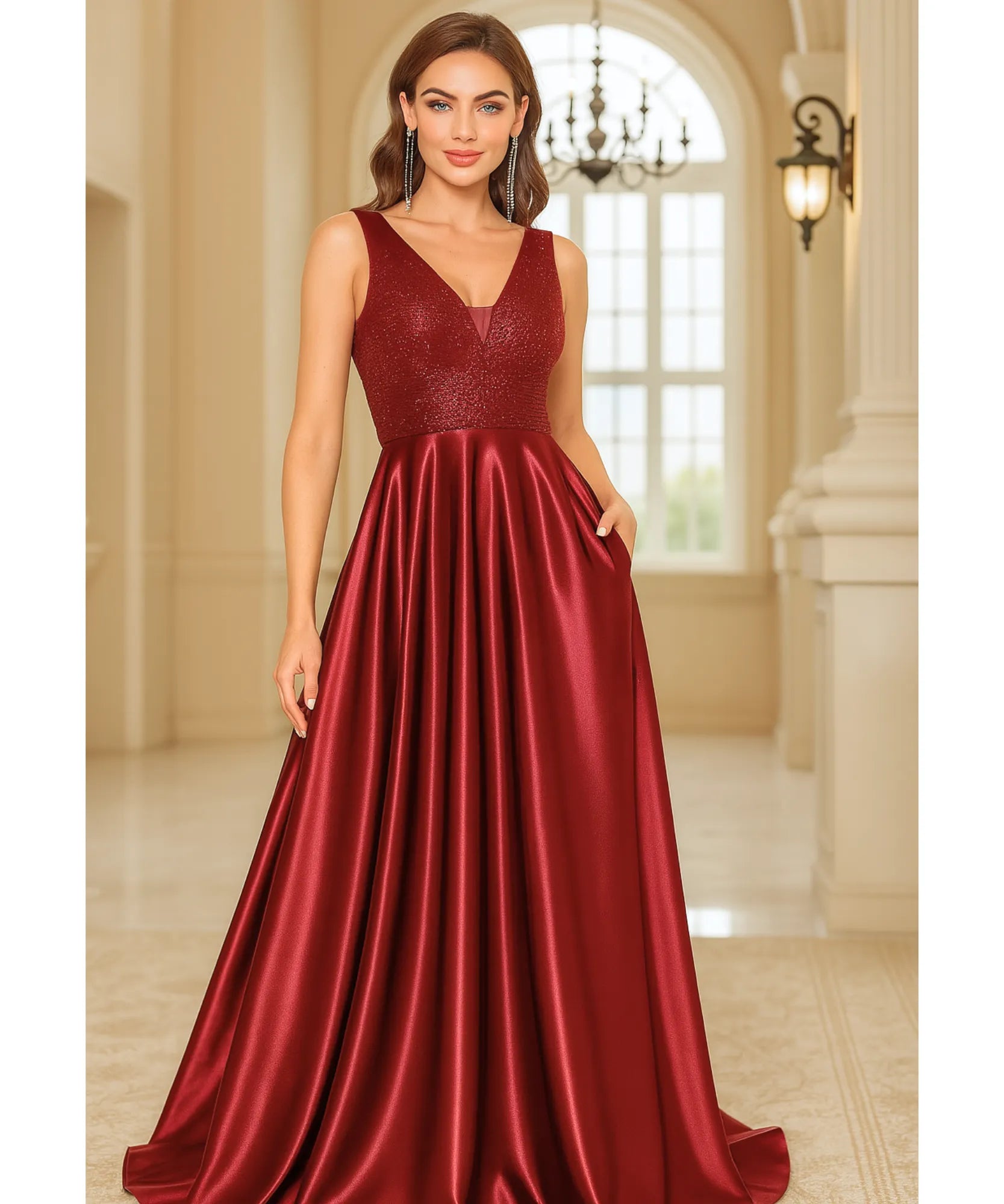 Comprar vestido festa longo paetês cetim vinho decote V bolsos para casamento formatura madrinha barato em promoção LADY DRESS
