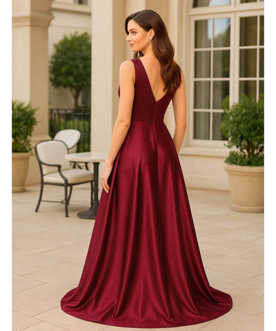 Vestido Festa Longo Paetês Cetim Decote V Elegante Madrinha | Kalil