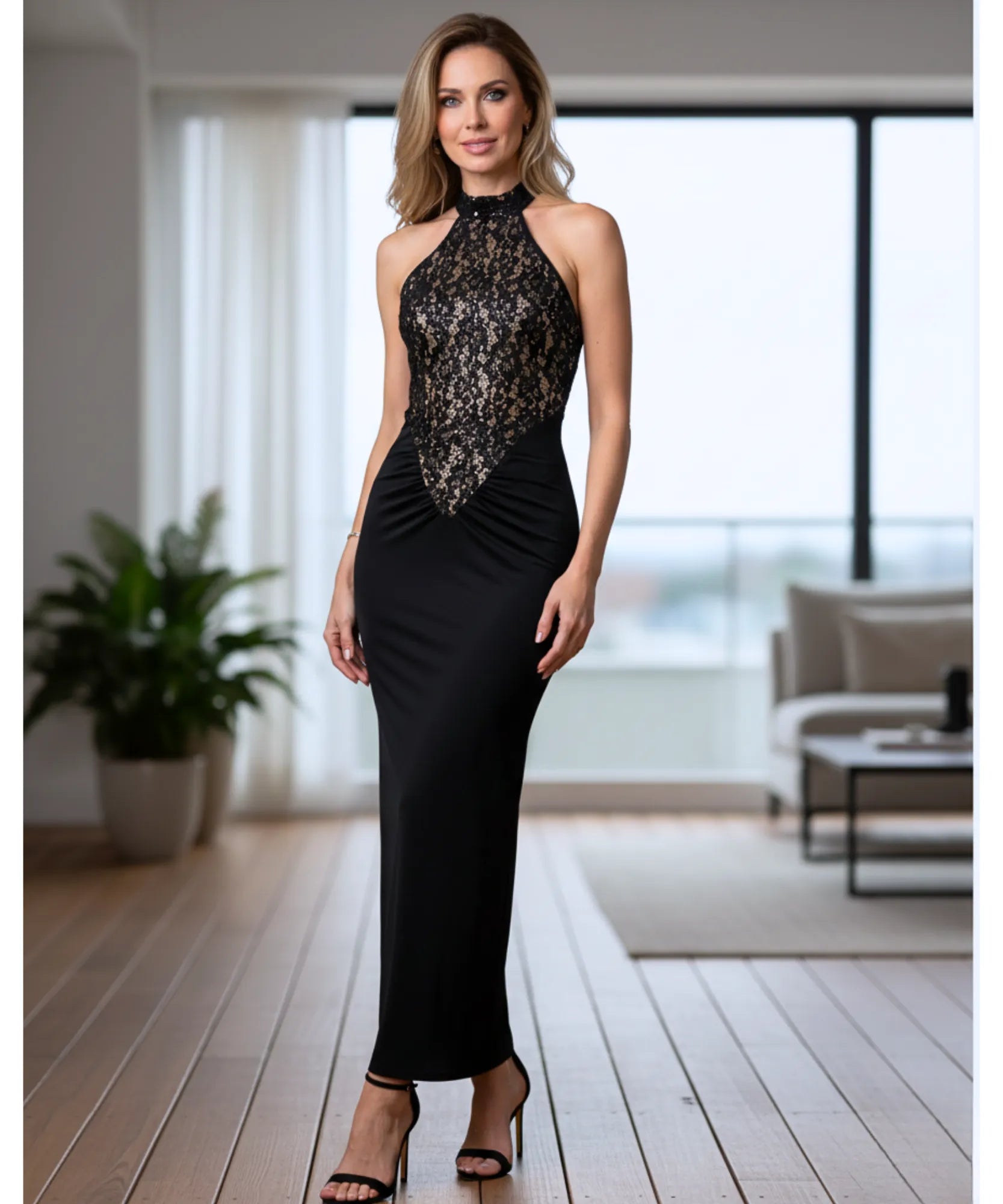 Comprar vestido festa longo renda gola alta frente única elegante formatura casamento convidada barato promoção ZARA