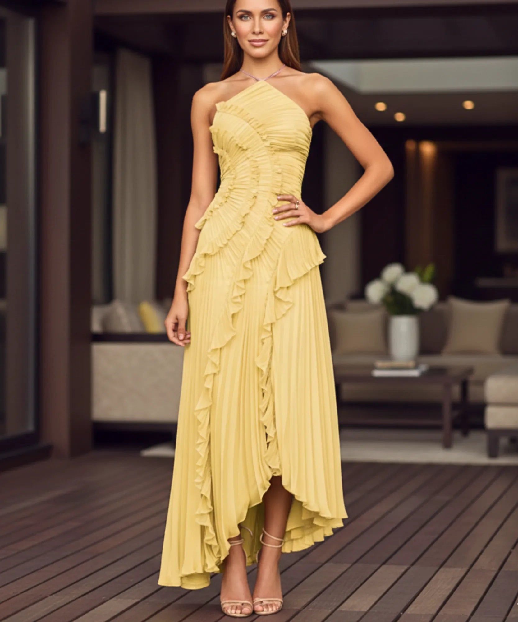 Comprar vestido de festa longo frente única plissado babados fenda lateral para casamento formatura barato em promoção LADY DRESS
