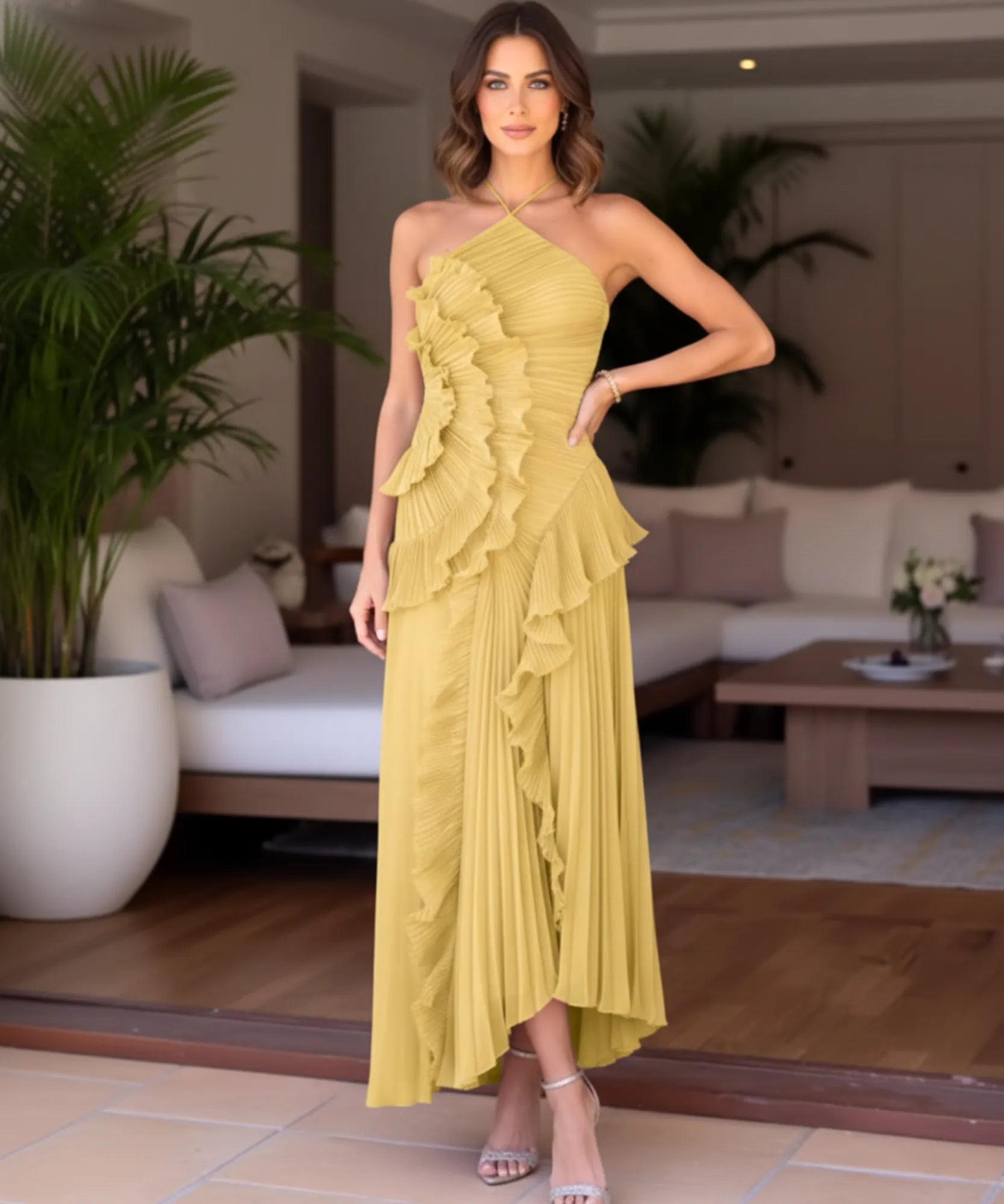 Comprar vestido de festa longo frente única plissado babados fenda lateral para casamento formatura barato em promoção LADY DRESS
