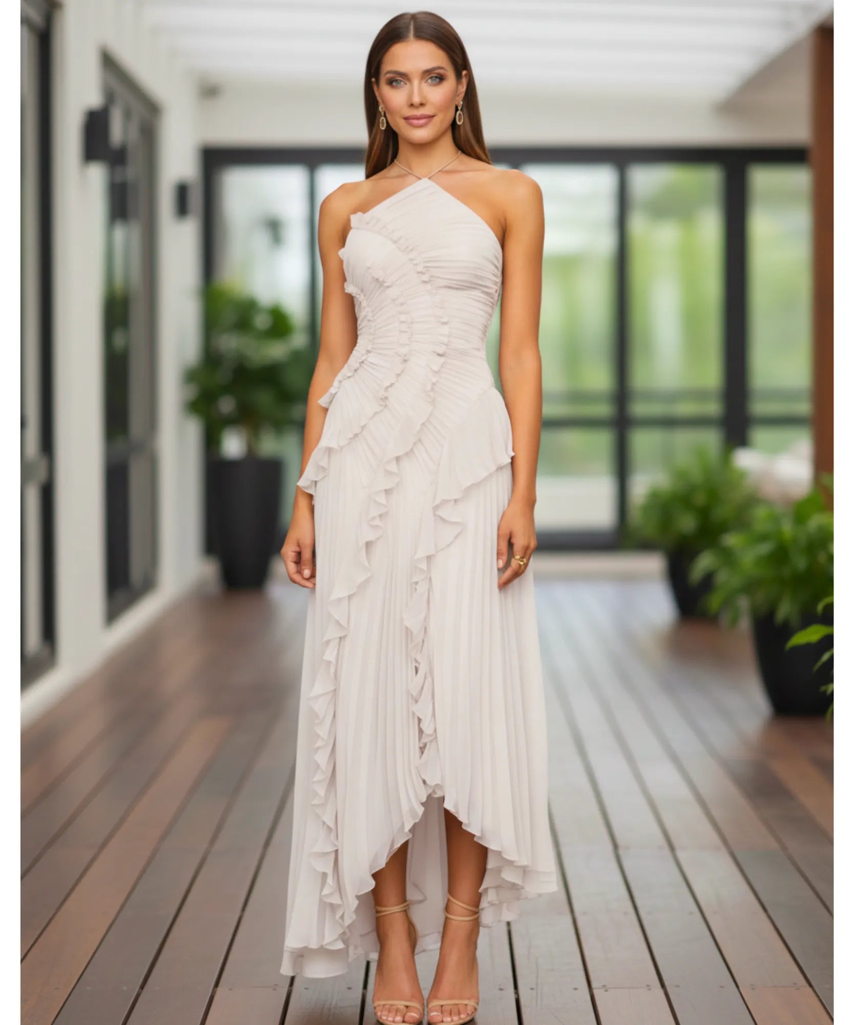 Comprar vestido de festa longo frente única plissado babados fenda lateral para casamento formatura barato em promoção LADY DRESS
