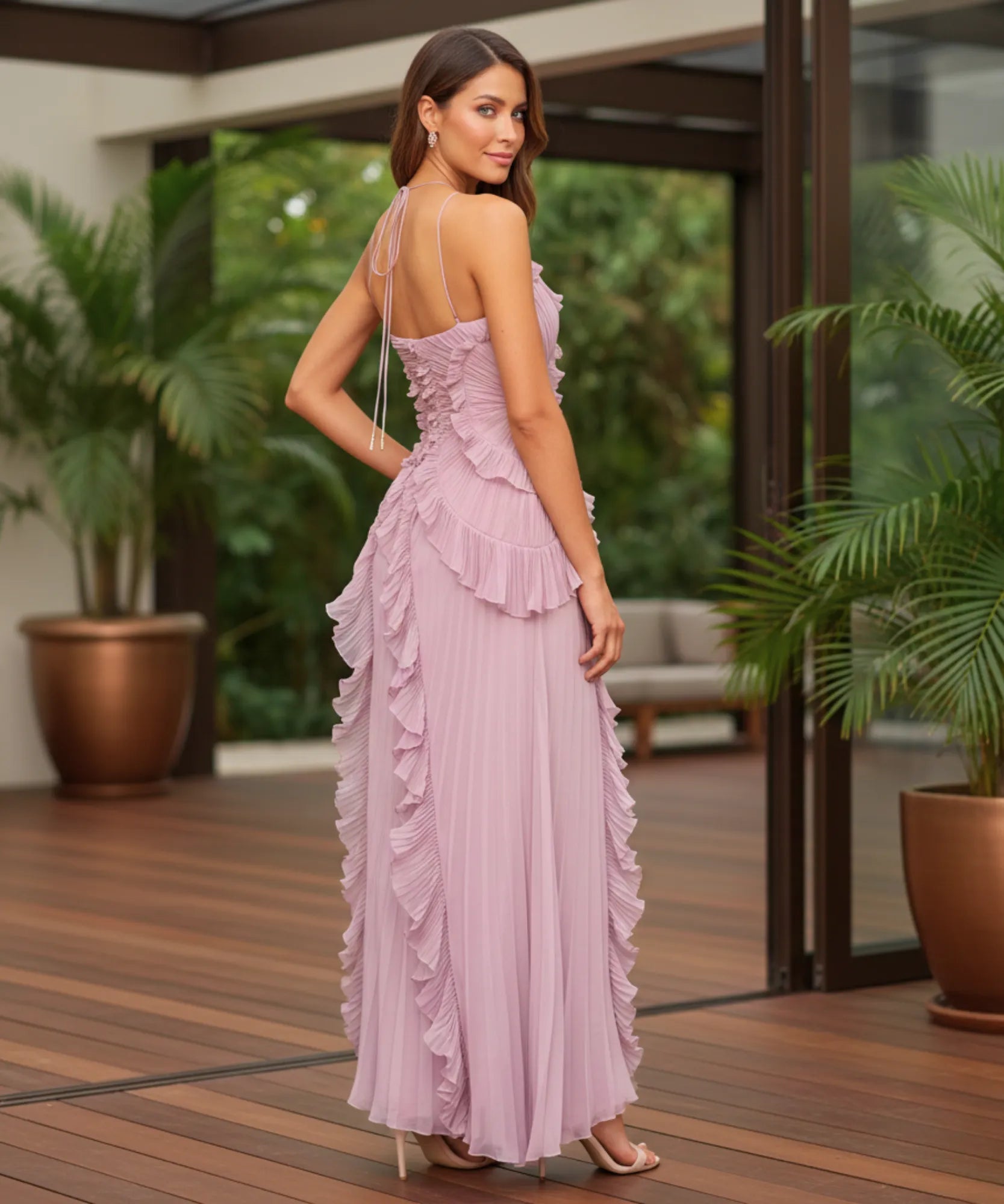 Comprar vestido de festa longo frente única plissado babados fenda lateral para casamento formatura barato em promoção LADY DRESS
