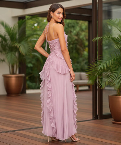 Comprar vestido de festa longo frente única plissado babados fenda lateral para casamento formatura barato em promoção LADY DRESS
