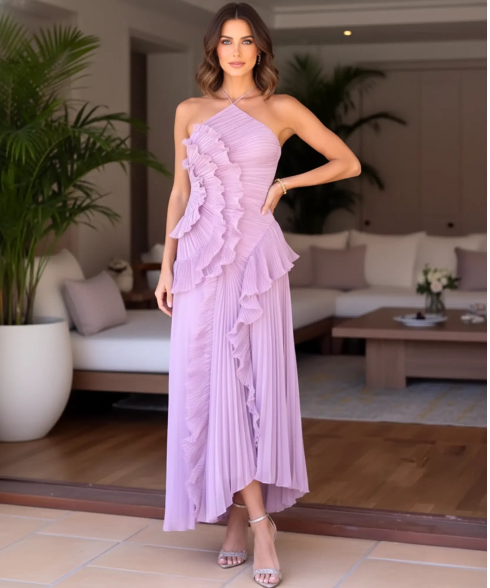 Comprar vestido de festa longo frente única plissado babados fenda lateral para casamento formatura barato em promoção LADY DRESS
