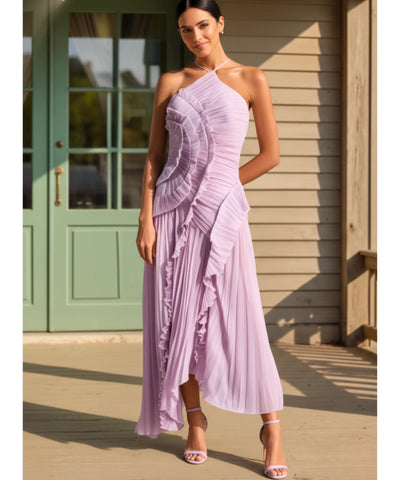 Comprar vestido de festa longo frente única plissado babados fenda lateral para casamento formatura barato em promoção LADY DRESS
