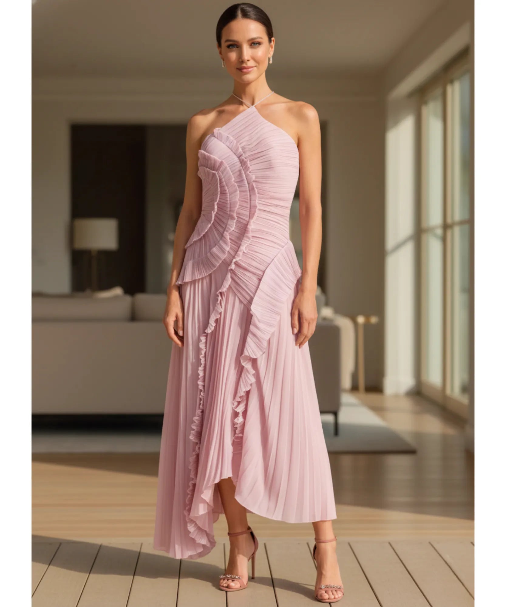 Comprar vestido de festa longo frente única plissado babados fenda lateral para casamento formatura barato em promoção LADY DRESS

