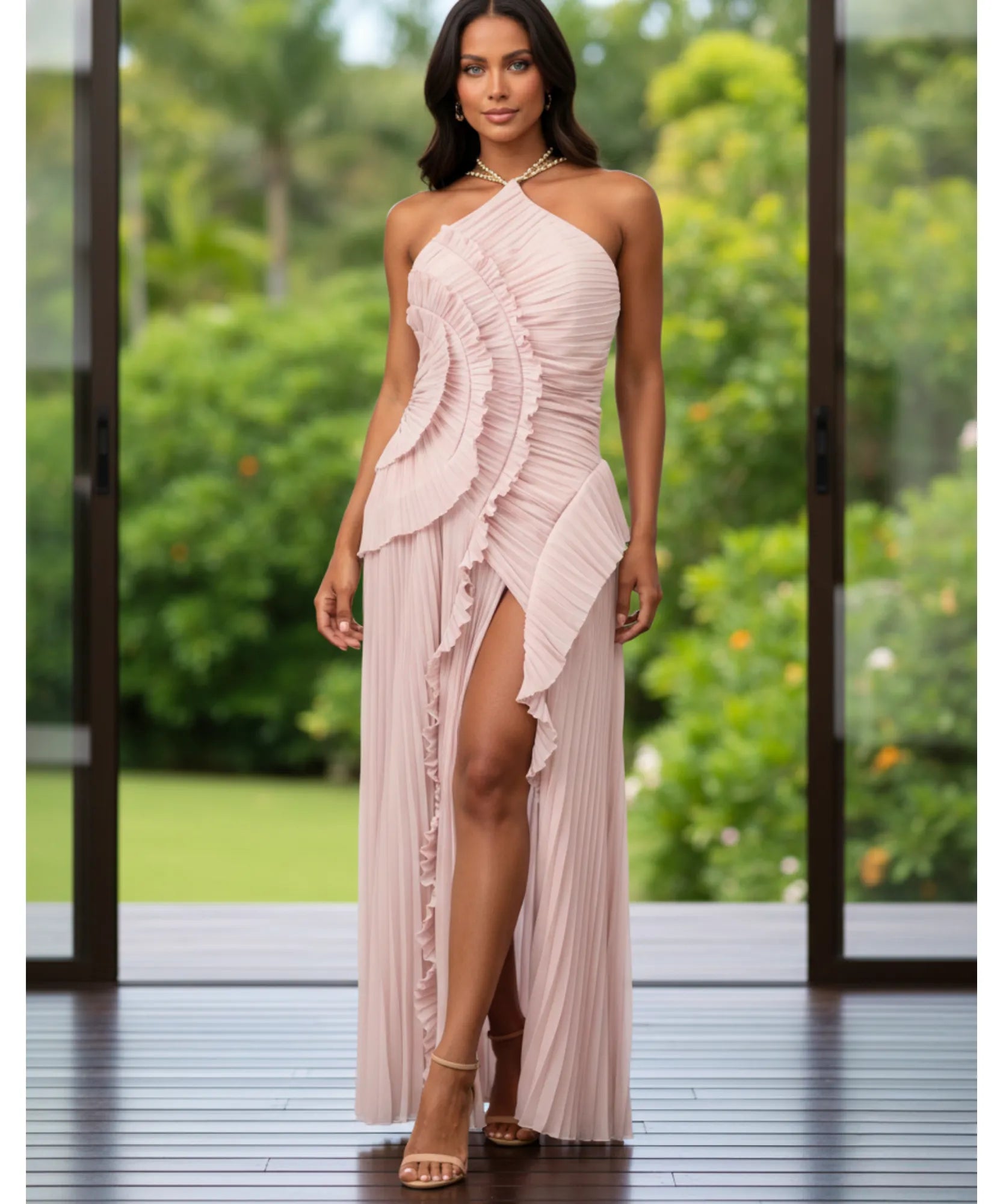 Comprar vestido de festa longo frente única plissado babados fenda lateral para casamento formatura barato em promoção LADY DRESS
