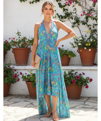 Comprar vestido indiano longo feminino estampado viscose frente única casual verão promoção barato ZARA