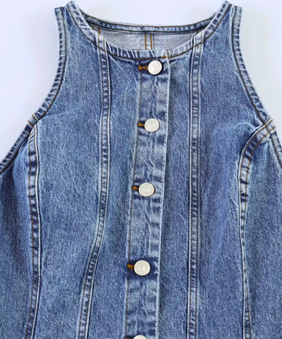 Comprar vestido jeans curto detalhe dos botões e pespontos azul em promoção Anellimn