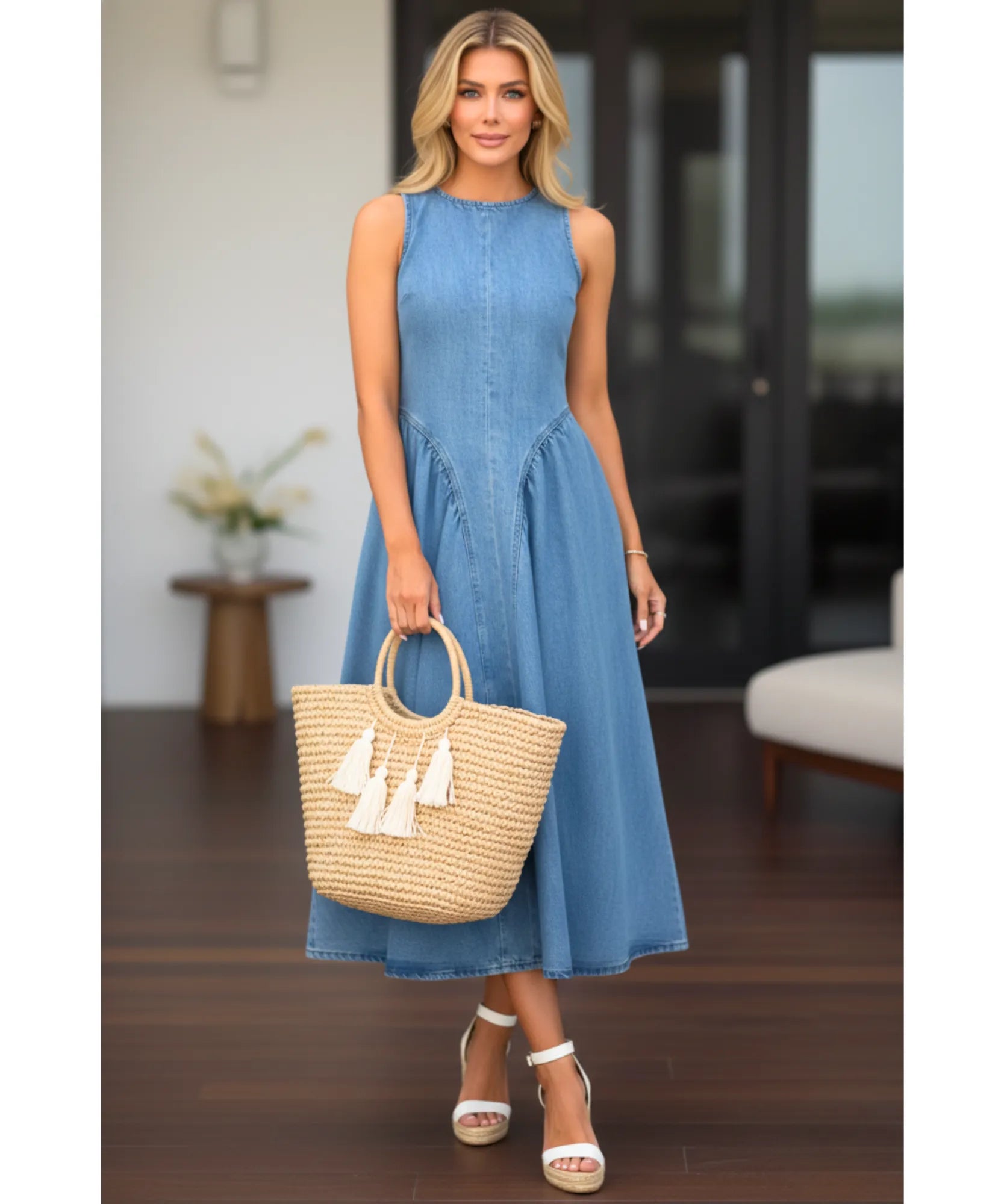 Comprar vestido jeans feminino midi regata com amarração casual confortável em promoção ZARA