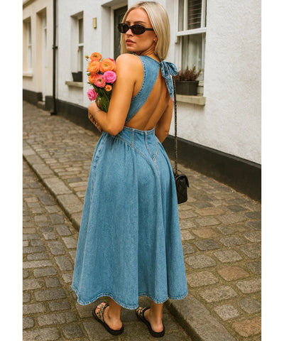 Comprar vestido jeans feminino midi regata com amarração casual confortável em promoção ZARA
