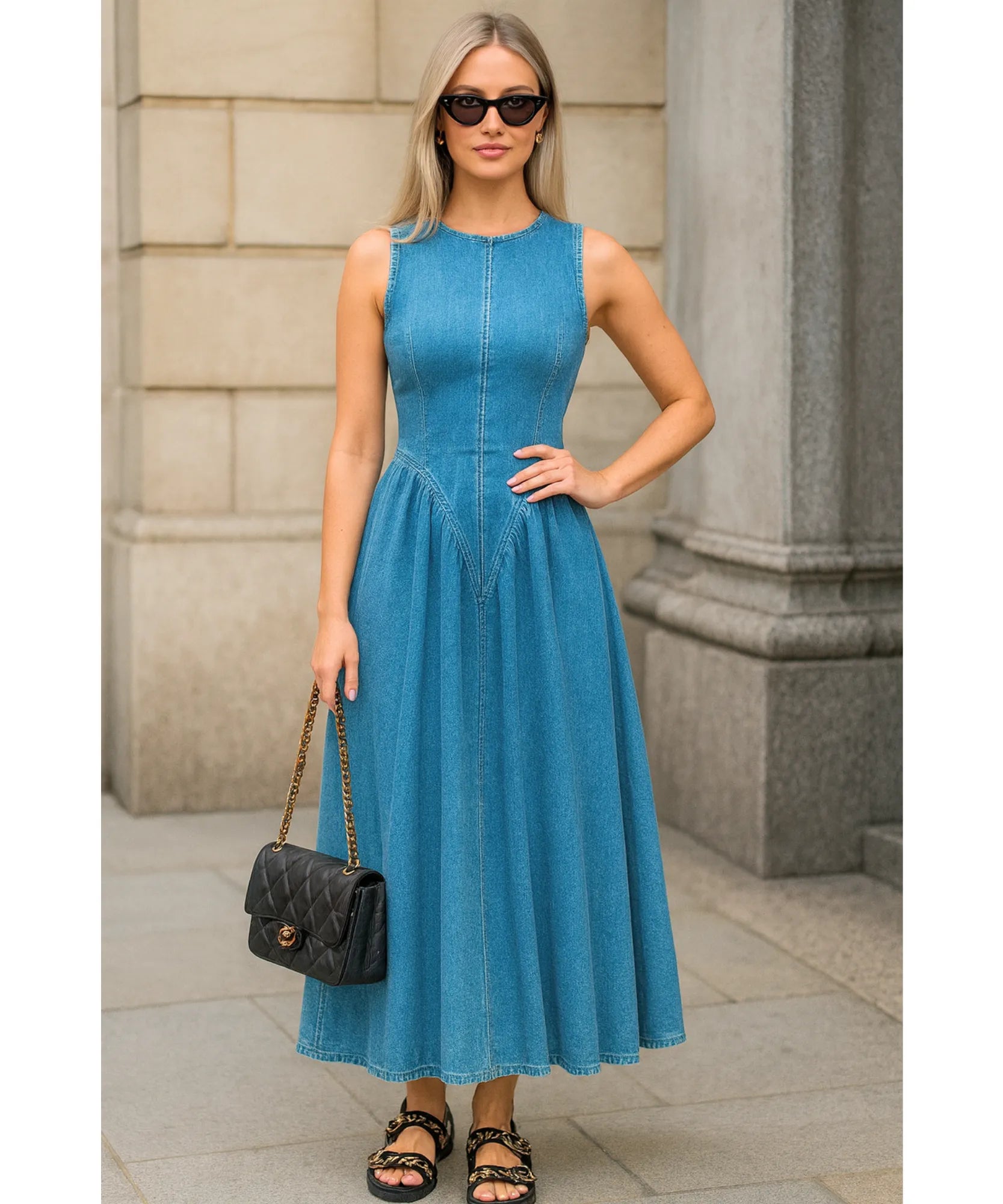 Comprar vestido jeans feminino midi regata com amarração casual confortável em promoção ZARA
