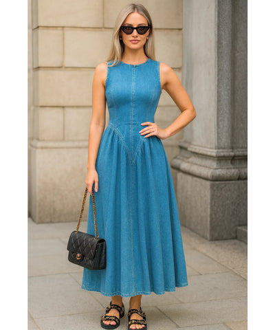Comprar vestido jeans feminino midi regata com amarração casual confortável em promoção ZARA
