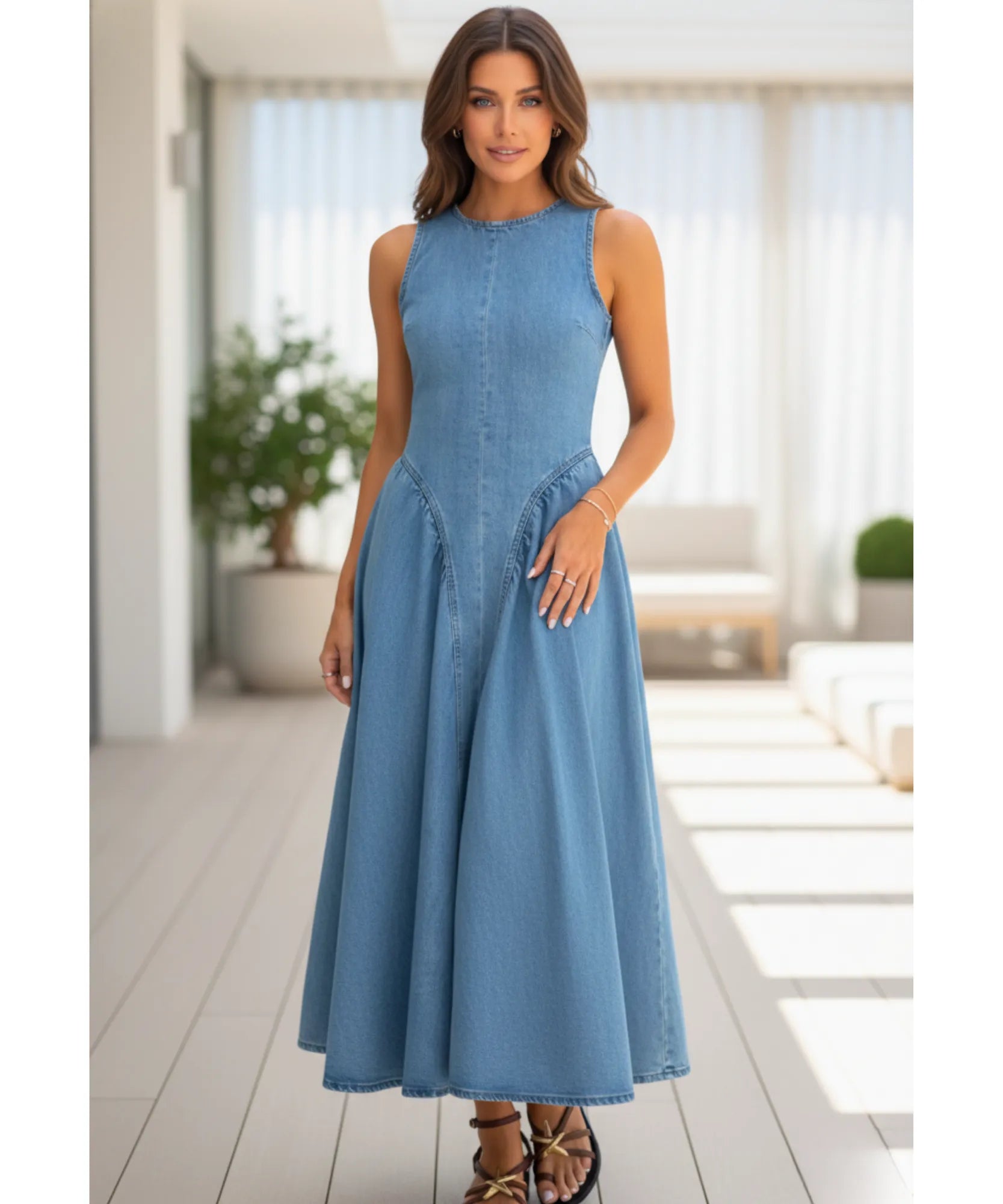 Comprar vestido jeans feminino midi regata com amarração casual confortável em promoção ZARA