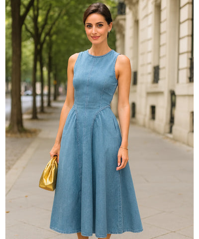 Comprar vestido jeans feminino midi regata com amarração casual confortável em promoção ZARA
