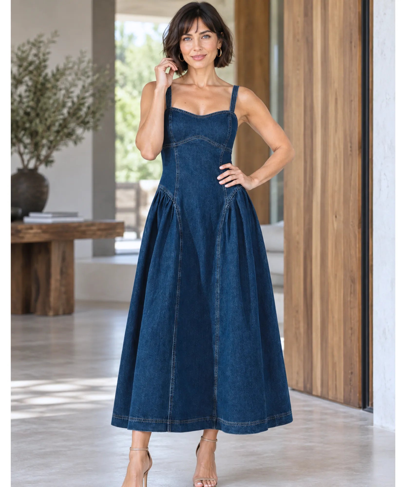 Comprar vestido jeans longo feminino evasê azul em promoção Anellimn