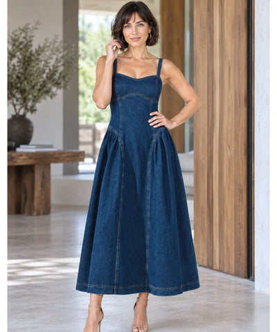 Comprar vestido jeans longo feminino evasê azul em promoção Anellimn