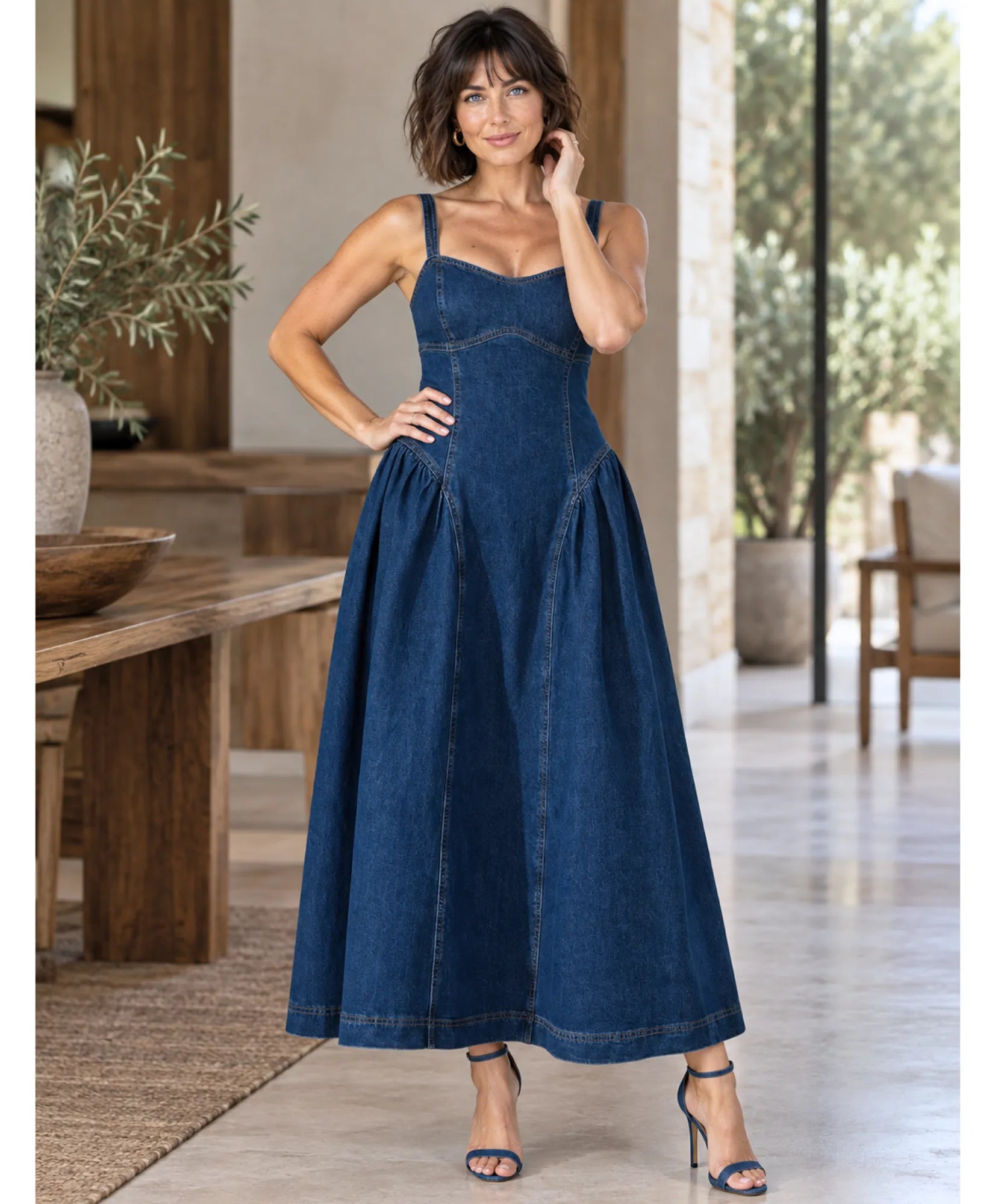 Comprar vestido jeans longo feminino evasê com alças azul em promoção Anellimn
