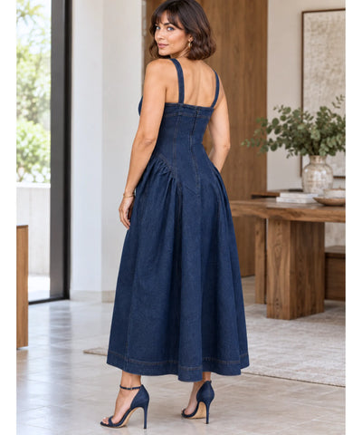 Comprar vestido jeans longo saia rodada azul em promoção Anellimn