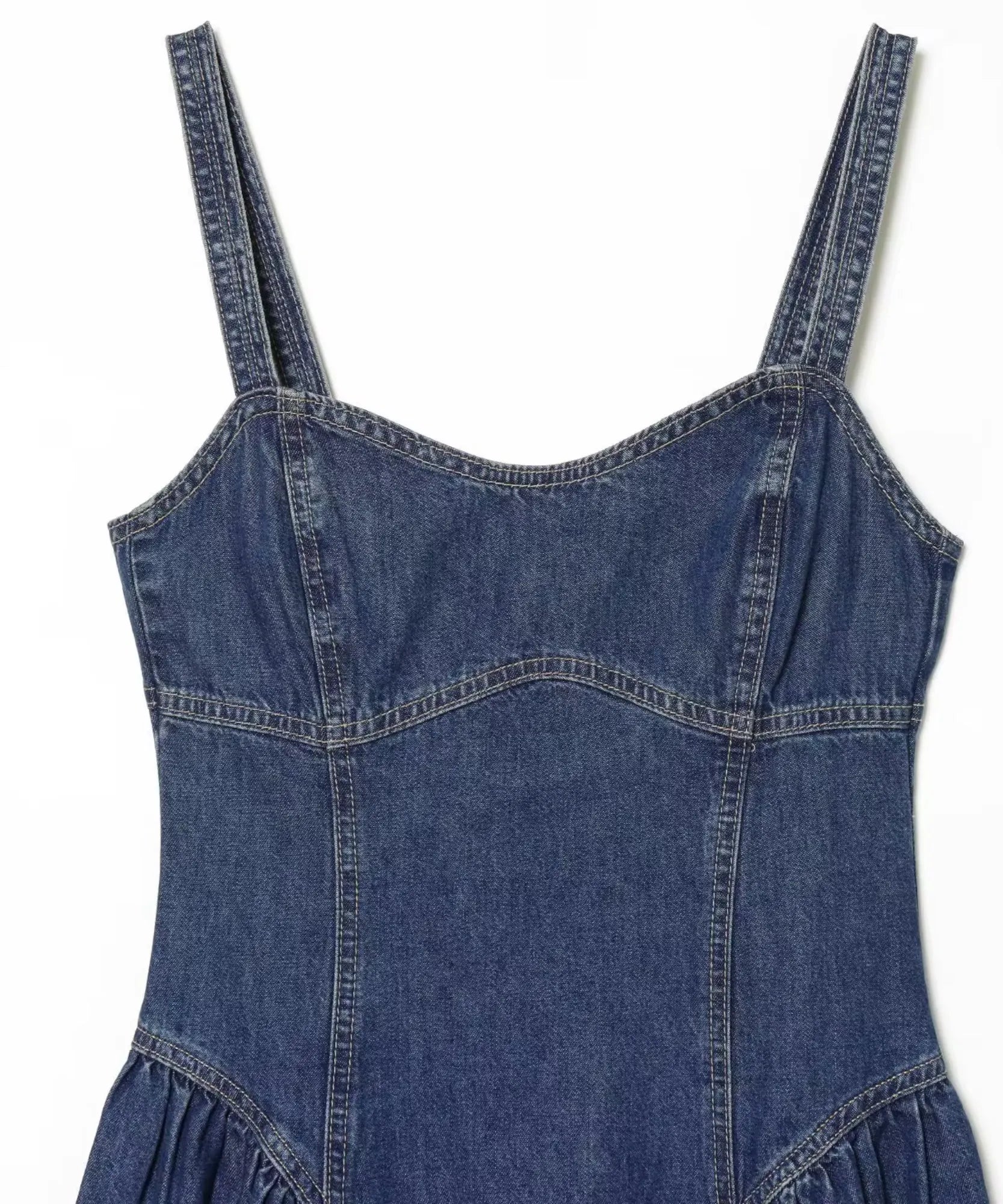Comprar vestido jeans longo corpete ajustado decote coração azul em promoção Anellimn