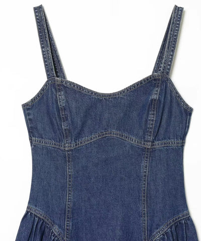 Comprar vestido jeans longo corpete ajustado decote coração azul em promoção Anellimn