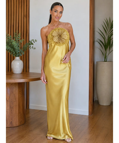 Comprar vestido longo amarelo de cetim para festa em promoção Anellimn
