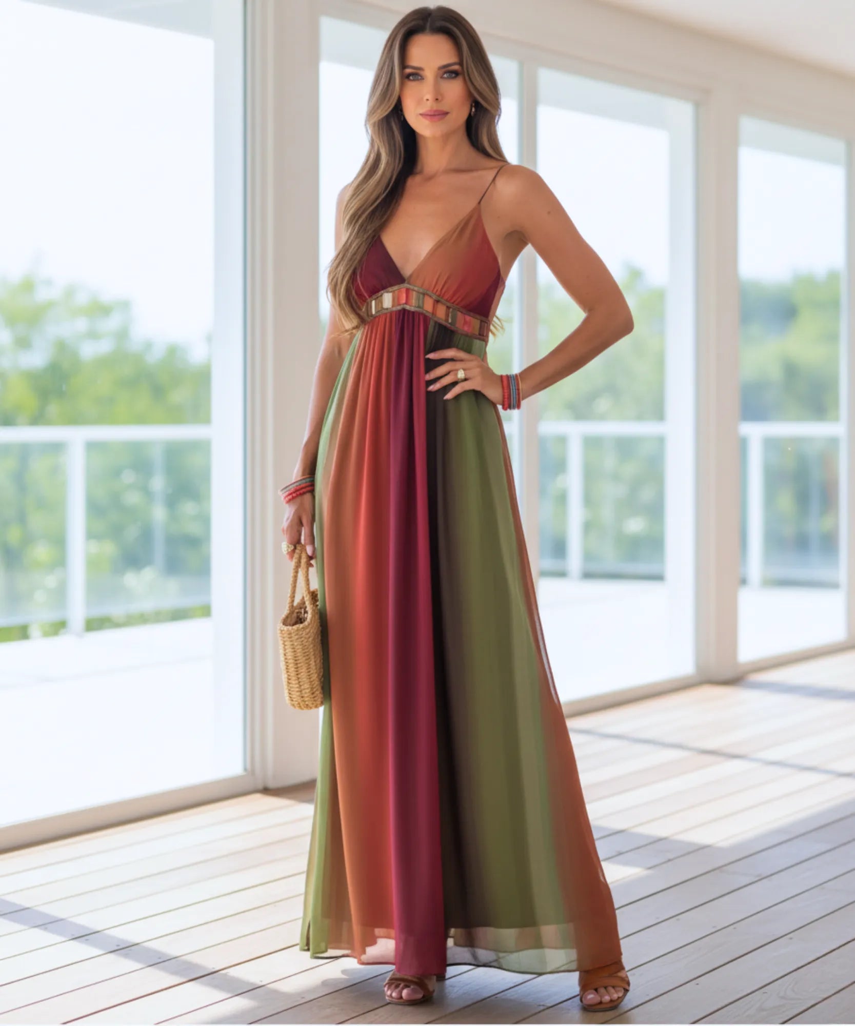 Comprar vestido longo boho alças finas decote V elegante feminino barato promoção ZARA