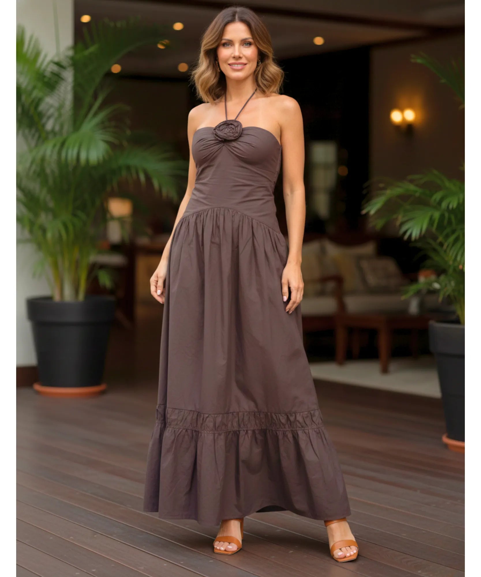 Comprar vestido longo boho feminino halter marrom com franzido babados elegante verão festa barato promoção ZARA

