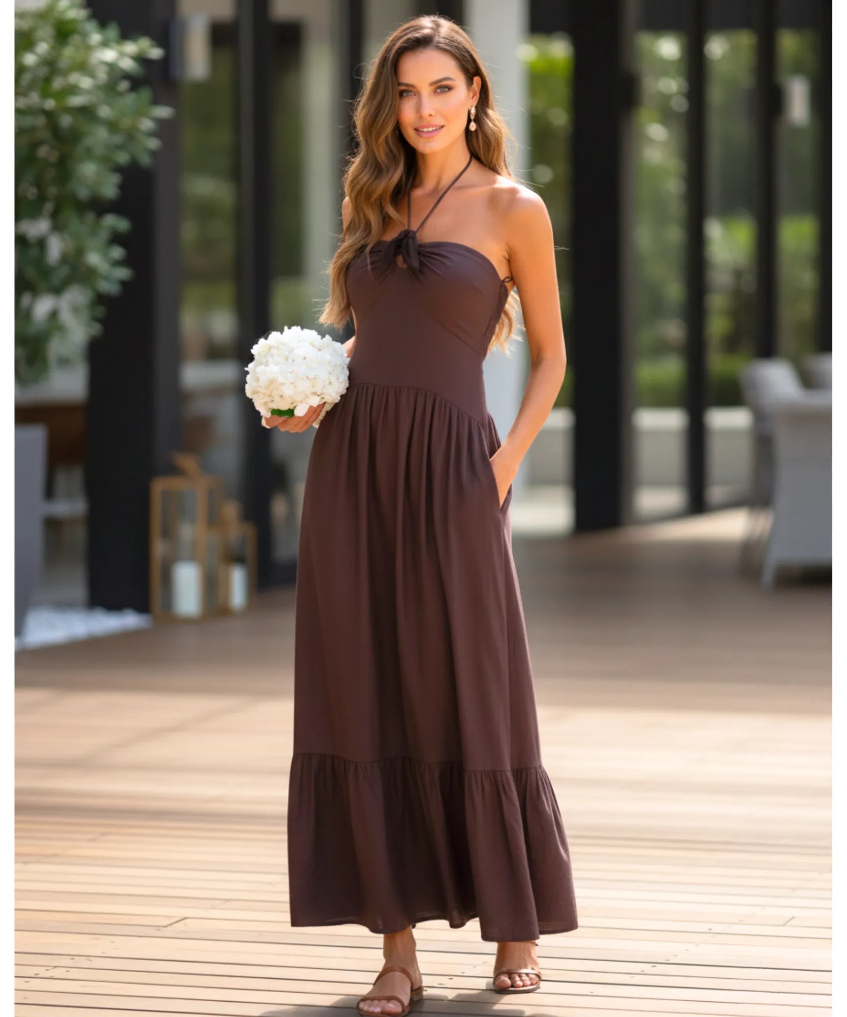 Comprar vestido longo boho feminino halter marrom com franzido babados elegante verão festa barato promoção ZARA
