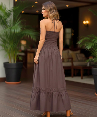 Comprar vestido longo boho feminino halter marrom com franzido babados elegante verão festa barato promoção ZARA
