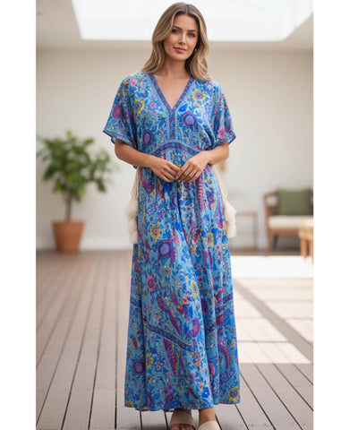 Vestido Longo Boho Feminino Viscose Estampado Mangas Morcego | Tenaz