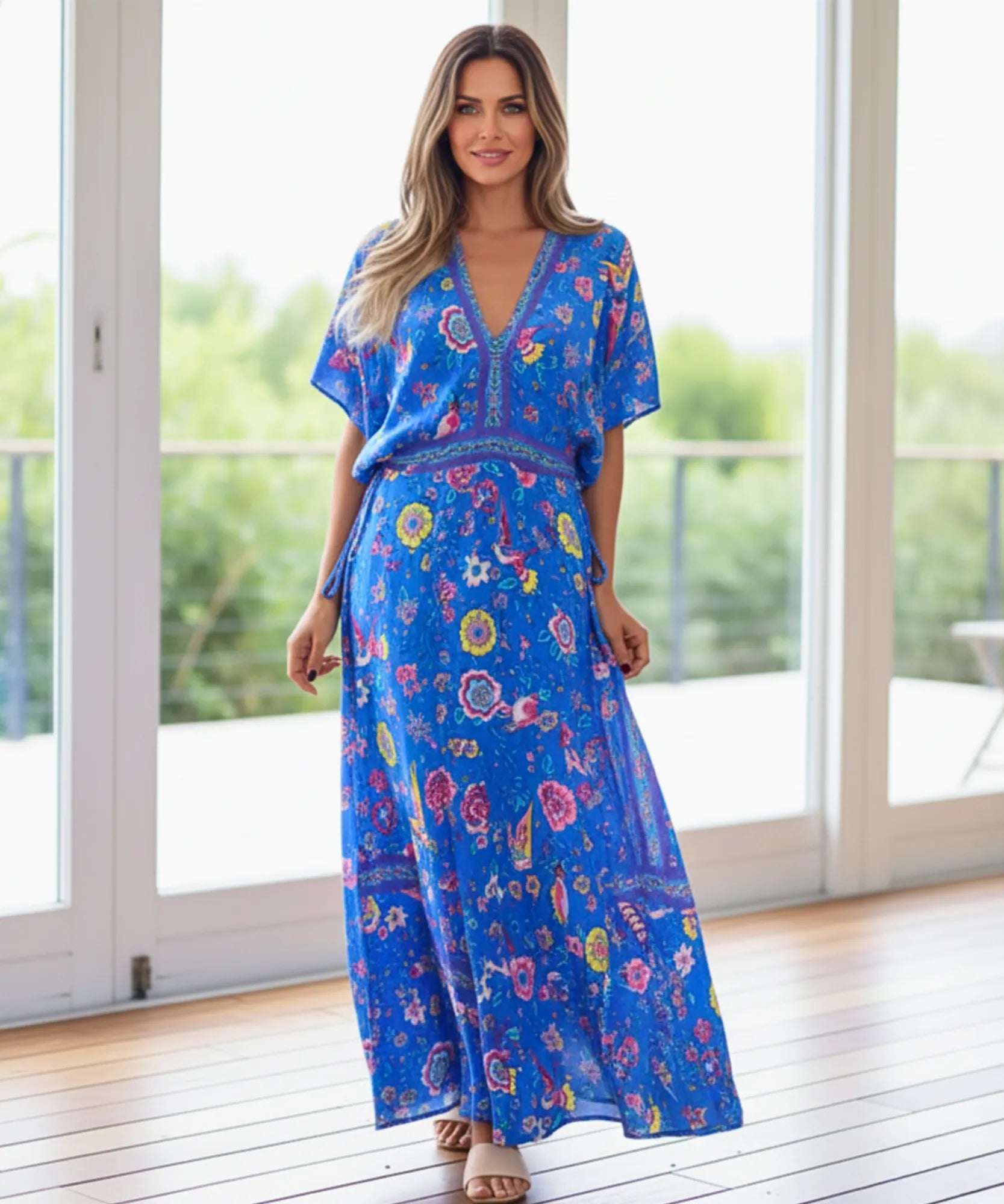 Comprar vestido longo boho feminino de viscose estampado com mangas morcego e amarração lateral barato ANELLIMN