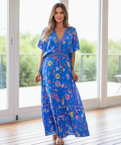 Comprar vestido longo boho feminino de viscose estampado com mangas morcego e amarração lateral barato ANELLIMN