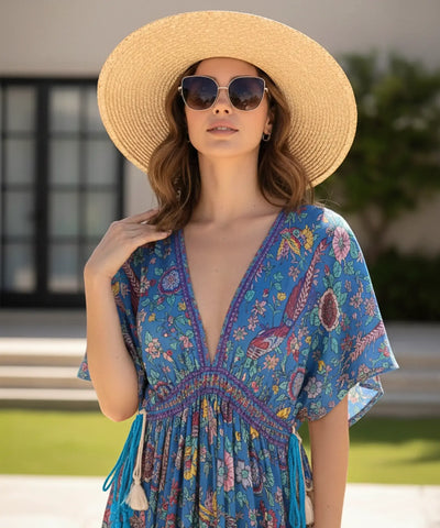 Comprar vestido longo boho feminino de viscose estampado com mangas morcego e amarração lateral barato ANELLIMN