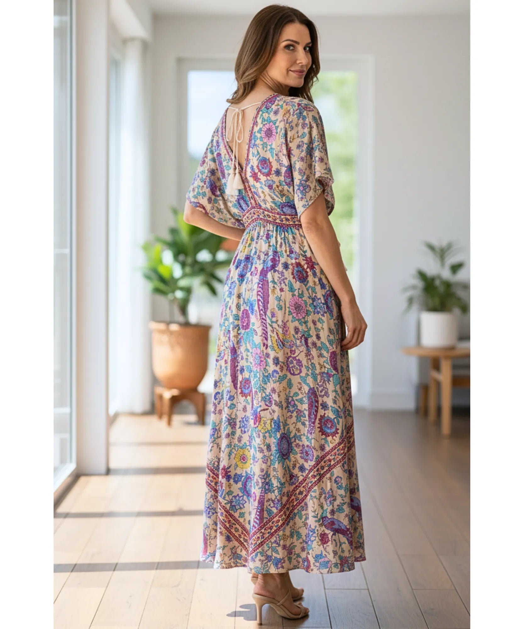 Comprar vestido longo boho feminino de viscose estampado com mangas morcego e amarração lateral barato ANELLIMN