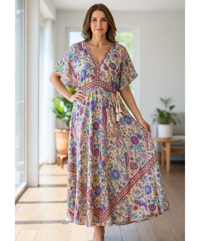 Comprar vestido longo boho feminino de viscose estampado com mangas morcego e amarração lateral barato ANELLIMN