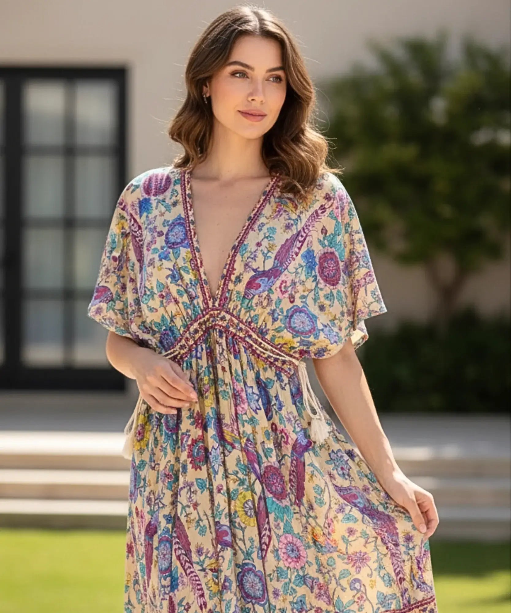 Comprar vestido longo boho feminino de viscose estampado com mangas morcego e amarração lateral barato ANELLIMN