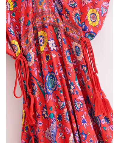 Vestido Longo Boho Feminino Viscose Estampado Mangas Morcego | Tenaz