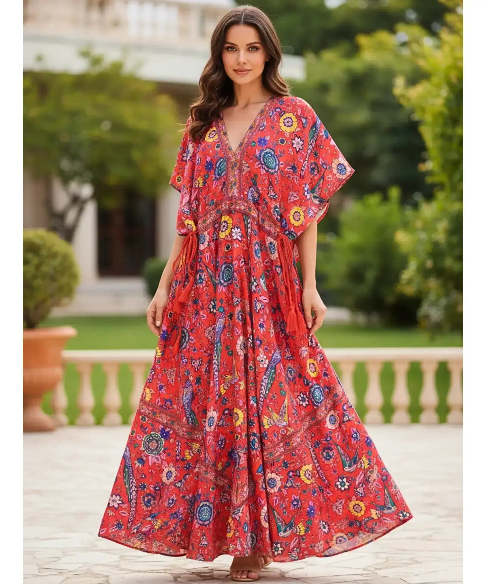 Comprar vestido longo boho feminino de viscose estampado com mangas morcego e amarração lateral barato ANELLIMN