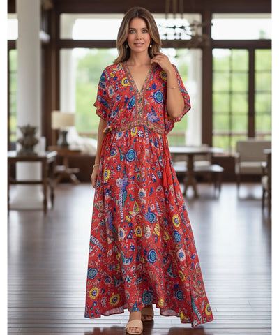 Vestido Longo Boho Feminino Viscose Estampado Mangas Morcego | Tenaz