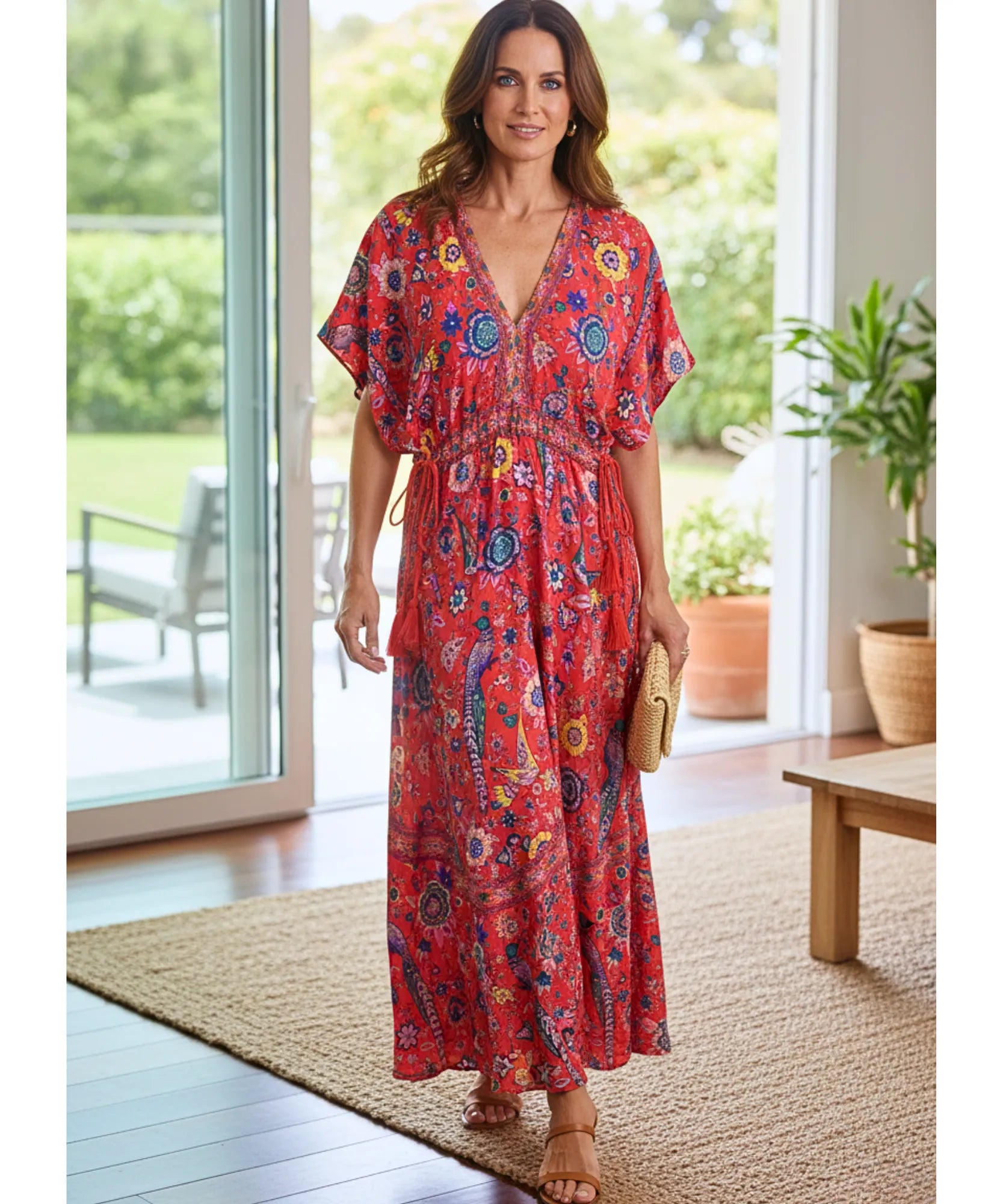 Comprar vestido longo boho feminino de viscose estampado com mangas morcego e amarração lateral barato ANELLIMN