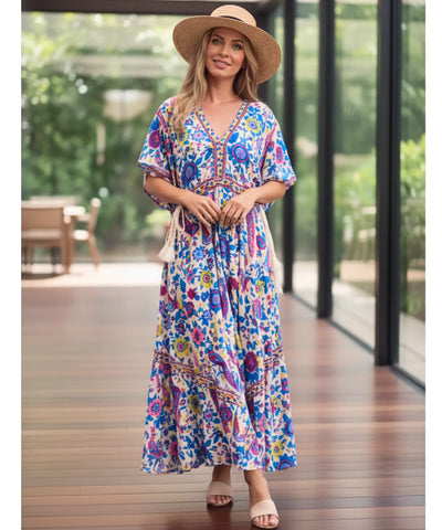 Vestido Longo Boho Feminino Viscose Estampado Mangas Morcego | Tenaz